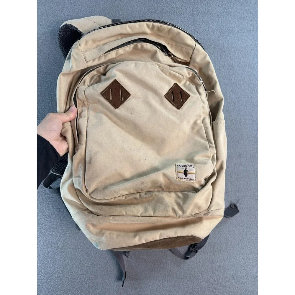 Cotopaxi Beige Canvas Backpack Laptop Daypack Waist Belt Travel Gear Flaw Read